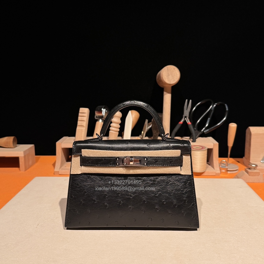 Hermès Mini Kelly Sellier II 20 in Ostrich Leather  Black