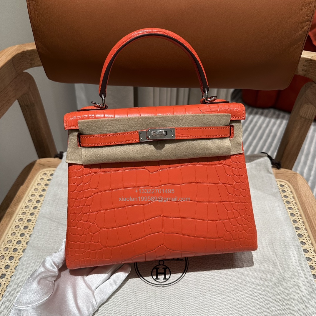 Hermès Kelly 25/28/32cm in Crocodile Leather, Fully Handmade Premium Private Customization-Orange