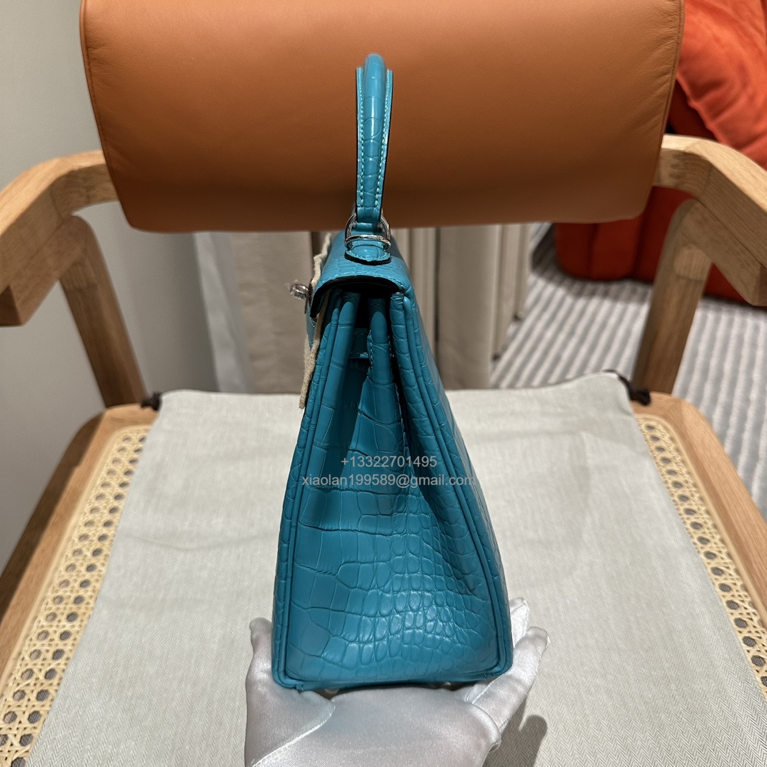 Hermès Kelly 25/28/32cm in Crocodile Leather, Fully Handmade Premium Private Customization-7F/Blue Paon