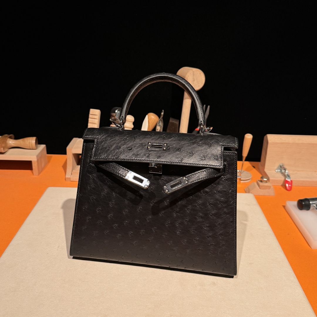 Kelly 25/28/32cm South African KK Ostrich Leather, Premium Fully Handcrafted Exclusive Custom –Black