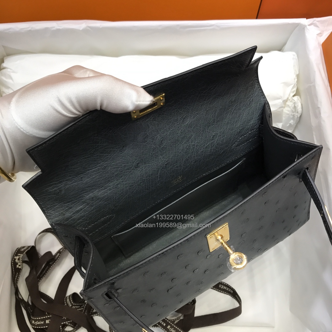 Hermès Kelly Pochette Clutch Bag, South African KK ostrich leather, fully handmade haute couture – Black
