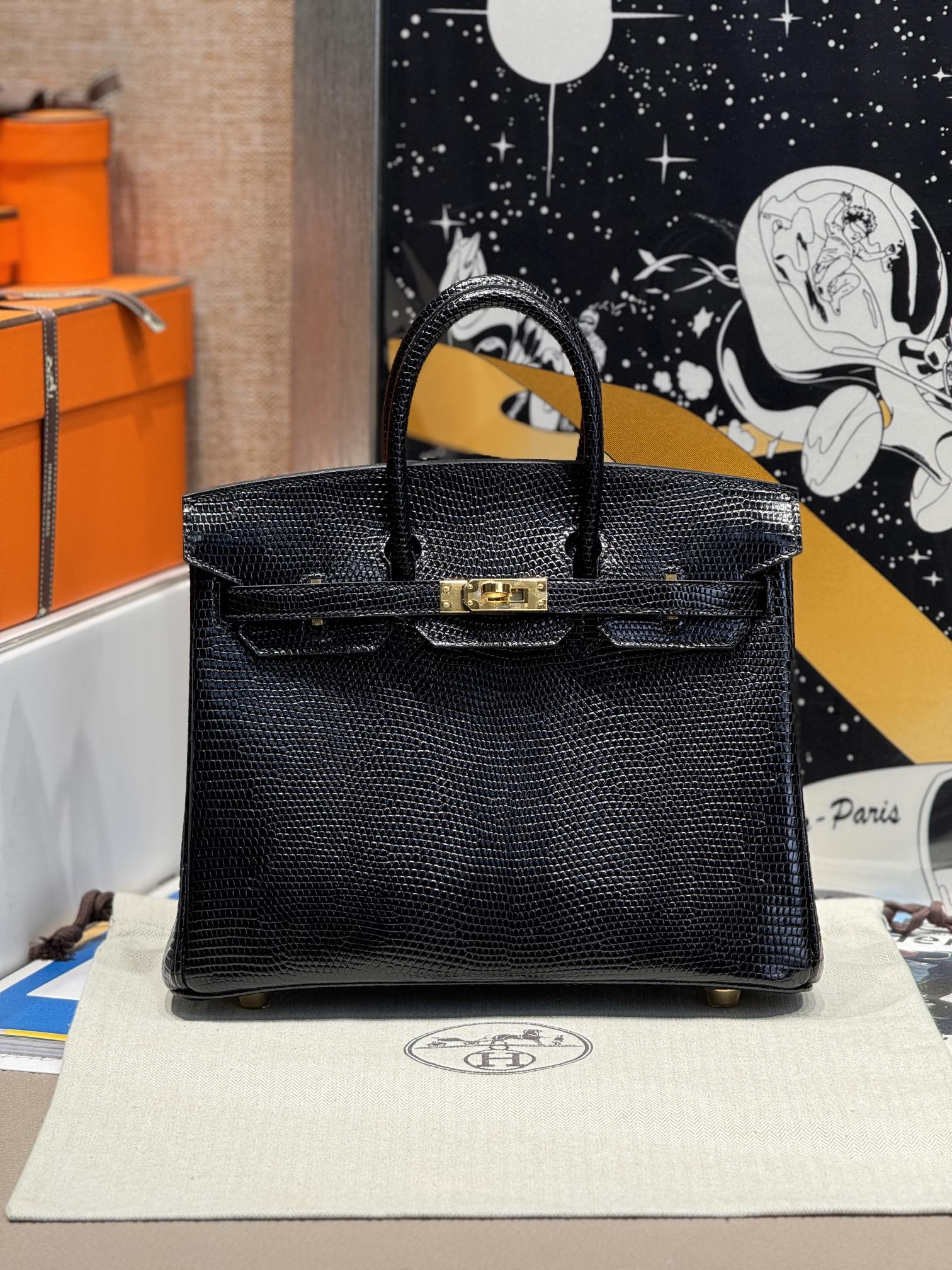 Birkin – Imported French lizard skin, premium stainless steel with 18K gold-plated hardware, fully handcrafted luxury custom-made ‼️ Black