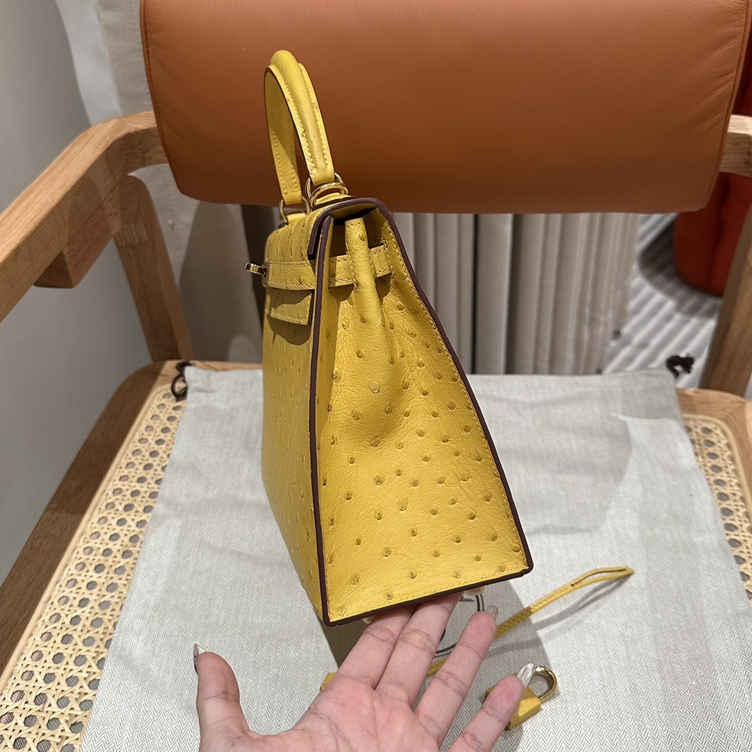 Kelly 25/28/32cm South African KK Ostrich Leather, Premium Fully Handcrafted Exclusive Custom –Jaune De Naples