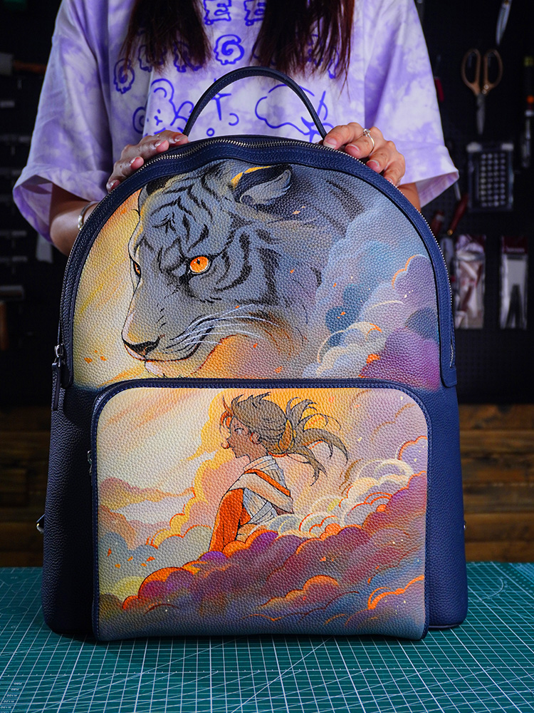 Handcrafted Leather Painted Backpack, Men's and Women's Anime and Chinese Trendy Student Bag, New Chinese-style Bag.