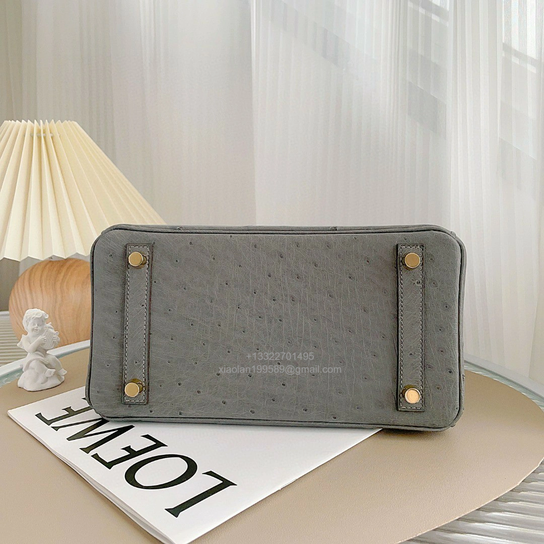 Birkin 25/30/35cm South African KK Ostrich Leather, Premium Fully Handcrafted Exclusive Custom –Nata Grey
