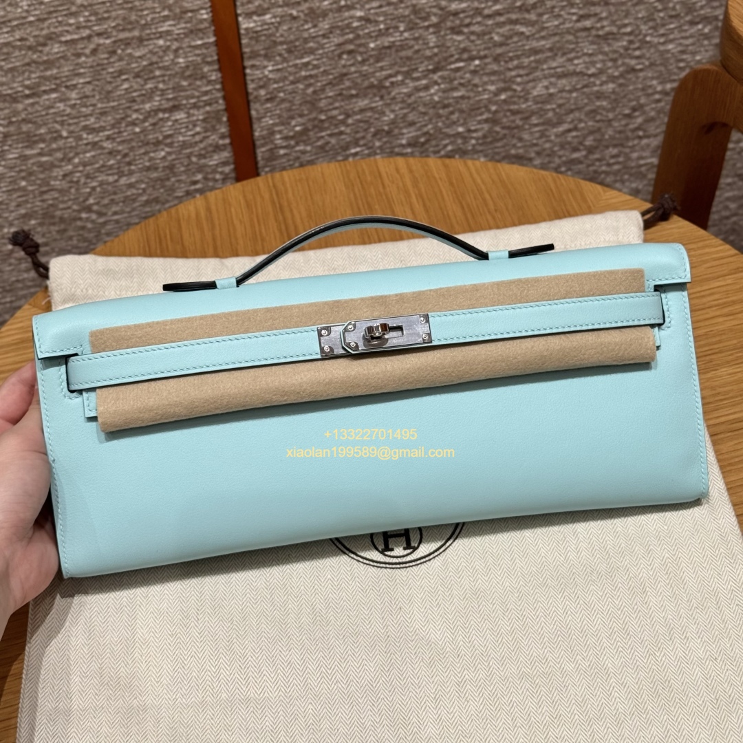 Hermès Kelly Cut Clutch in Breeze Blue, made from original French-imported Swift leather. Premium fully handcrafted exclusive customization.