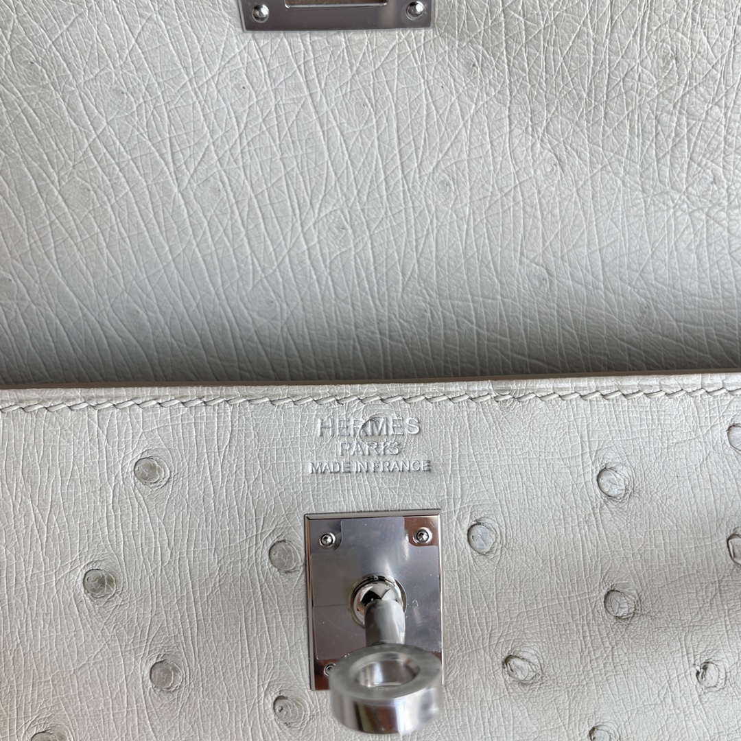 Kelly 25/28/32cm South African KK Ostrich Leather, Premium Fully Handcrafted Exclusive Custom –pearl-gray