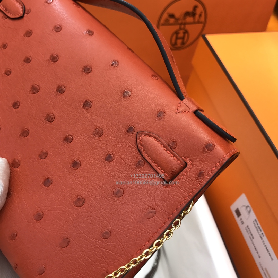 Hermès Kelly Pochette Clutch Bag, South African KK ostrich leather, fully handmade haute couture – Chinese Red