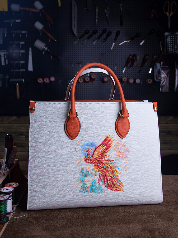 Handcrafted Custom Genuine Leather Orange and White Split Tote Bag with Phoenix Painting, Women's Handbag