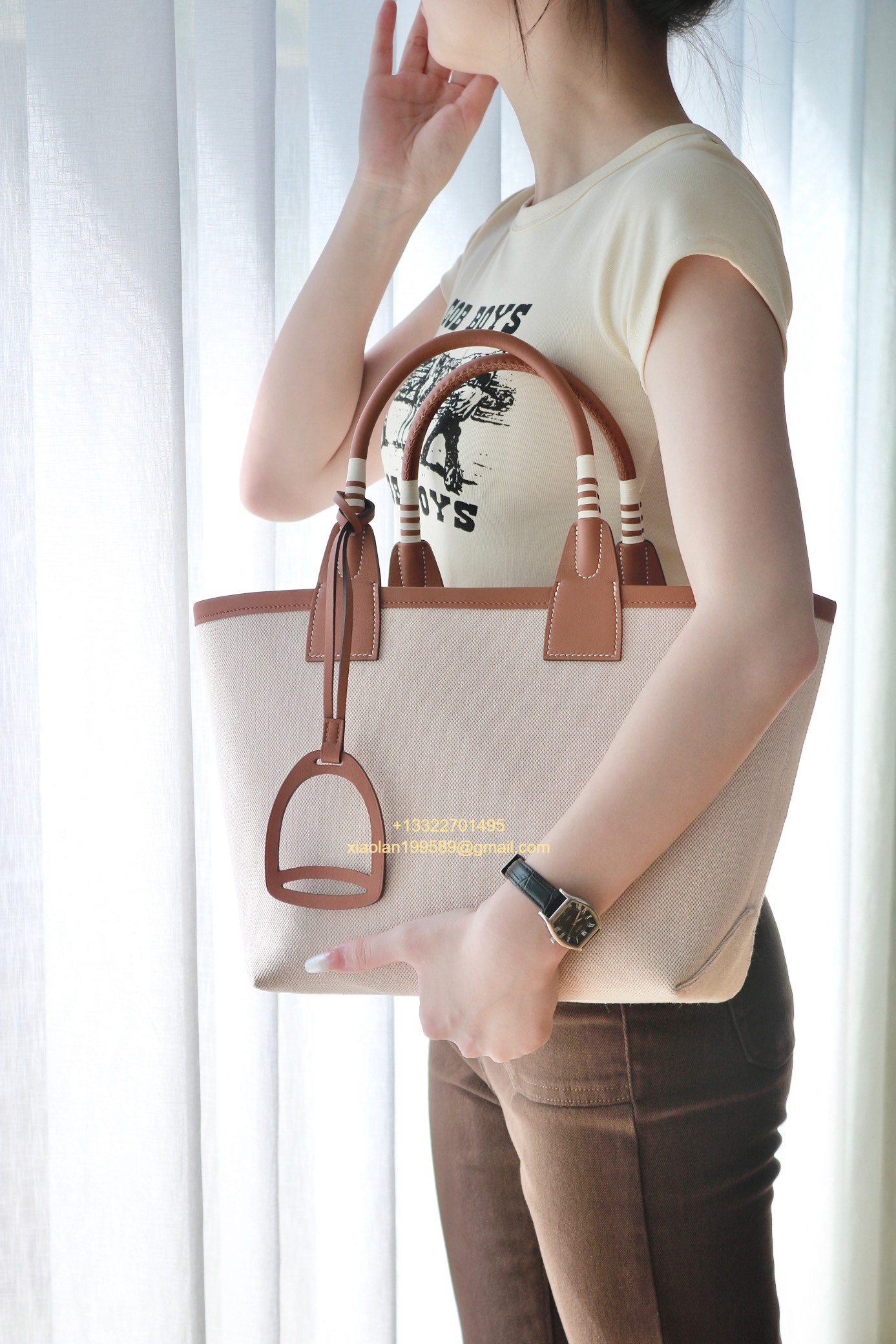Hermès Steeple 25 Bag in H Canvas and Swift Calfskin – Cement Gray / CK37 Gold Brown.