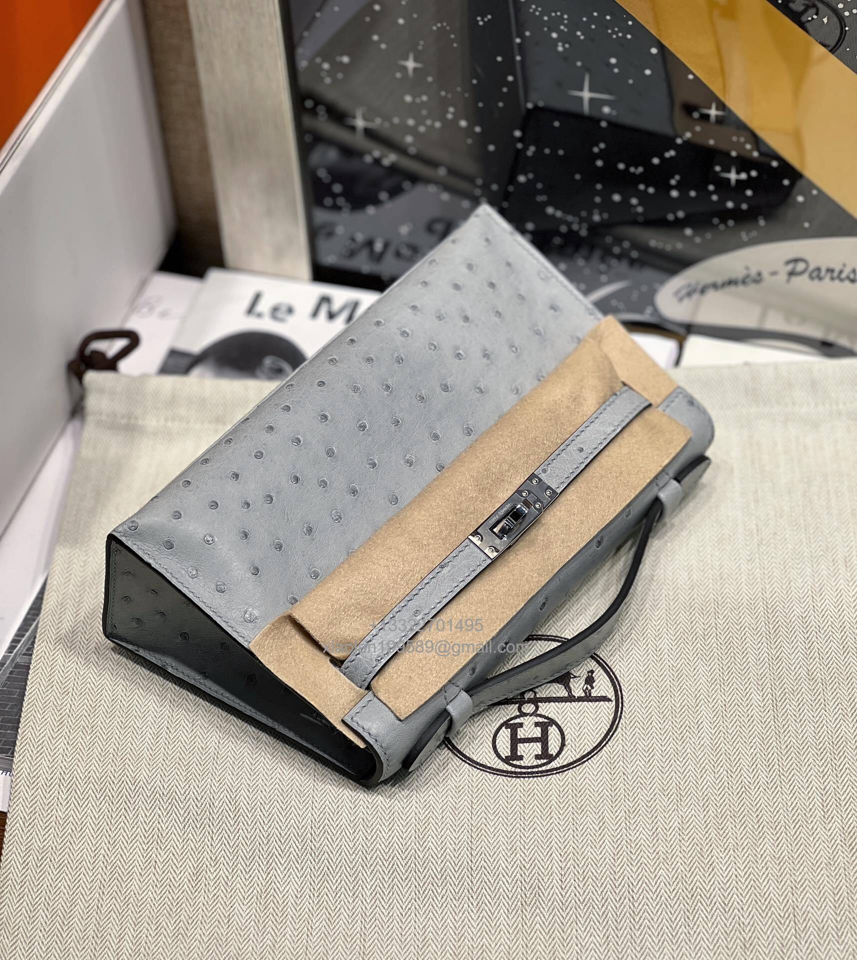 Hermès Kelly Pochette Clutch Bag, South African KK ostrich leather, fully handmade haute couture – Glacier Blue