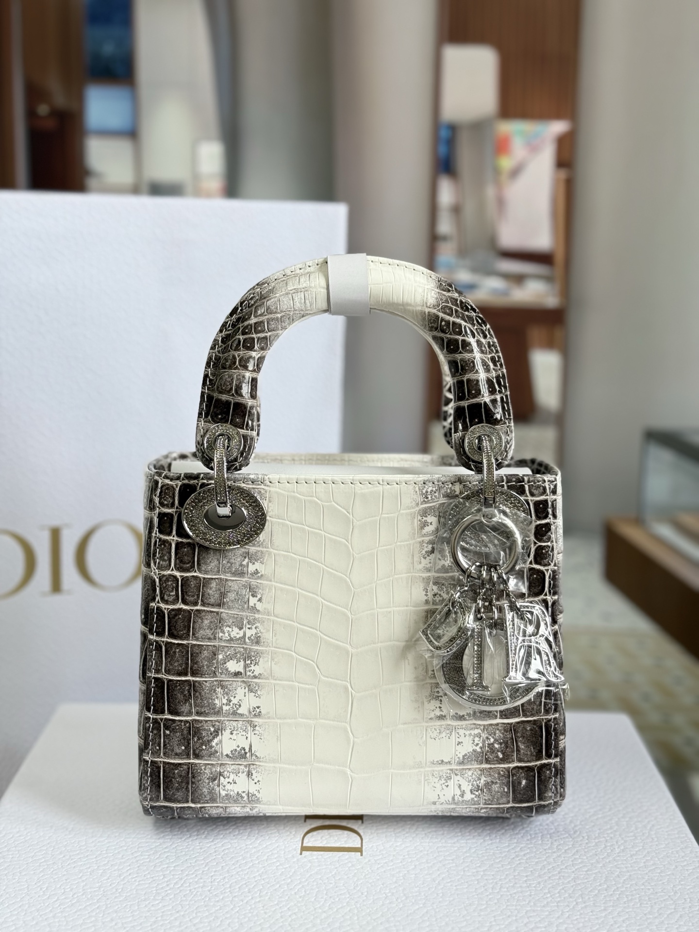 Lady Dior Three-Gusset 17cm, Shiny Himalaya Crocodile Leather, Premium Customization.