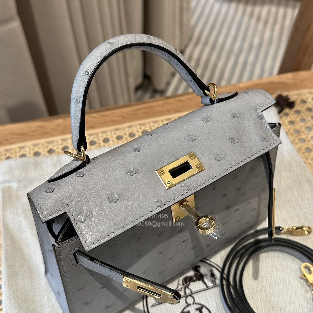 Hermès Mini Kelly Sellier II 20 in Ostrich Leather  8U/Blue glacier