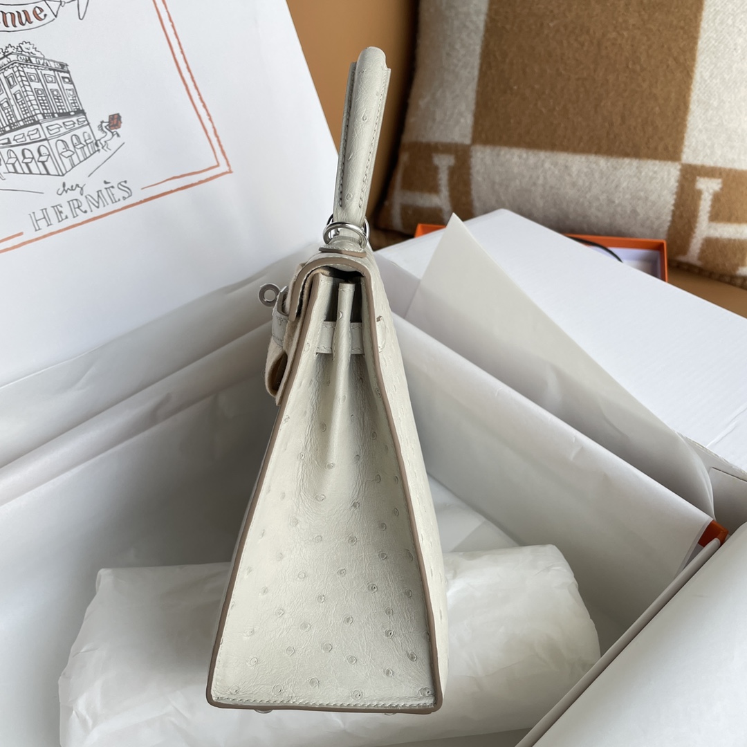 Kelly 25/28/32cm South African KK Ostrich Leather, Premium Fully Handcrafted Exclusive Custom –pearl-gray