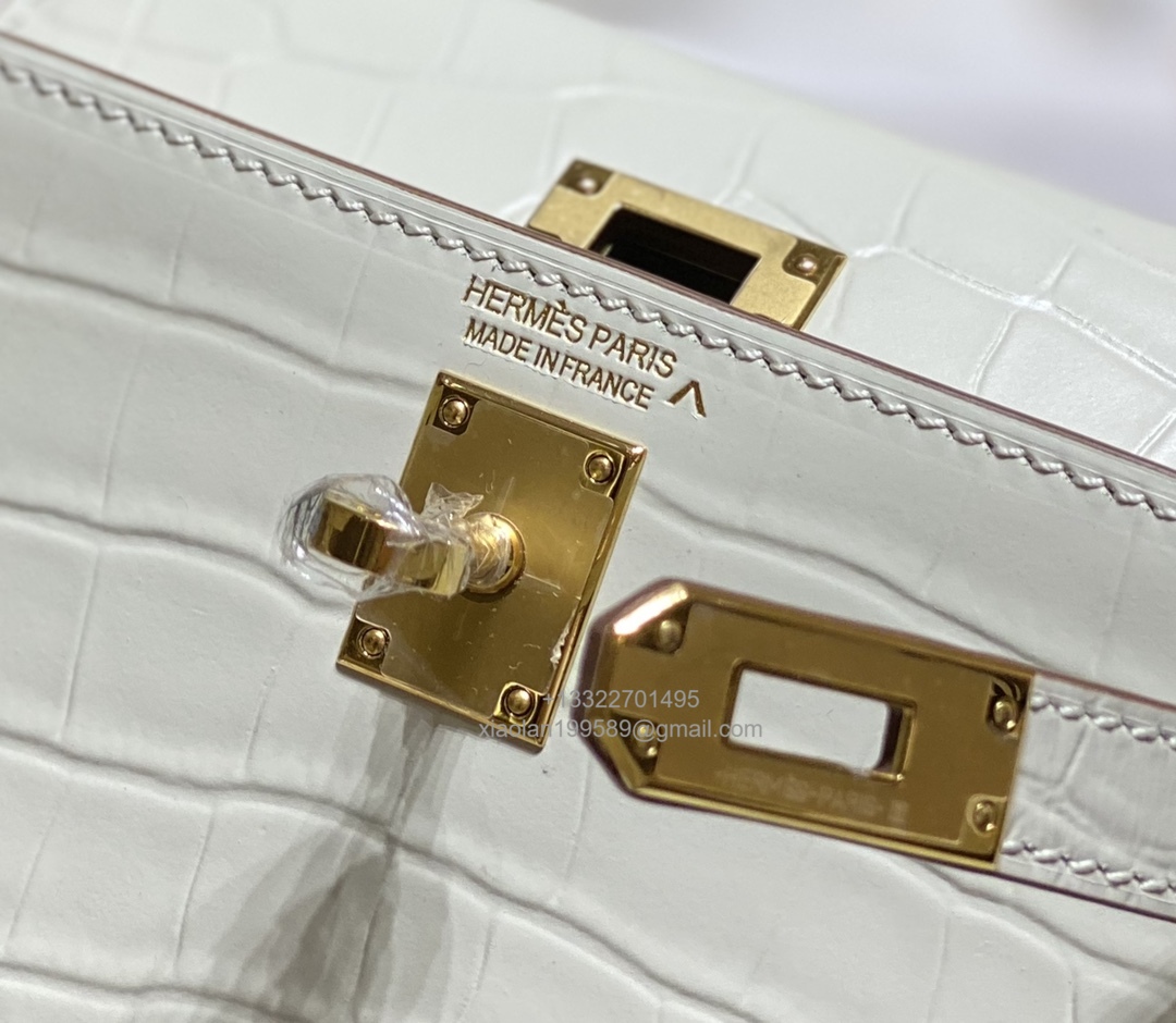 Hermès Mini Kelly in Crocodile Leather, Fully Handmade Premium Private Customization –Milkshake White