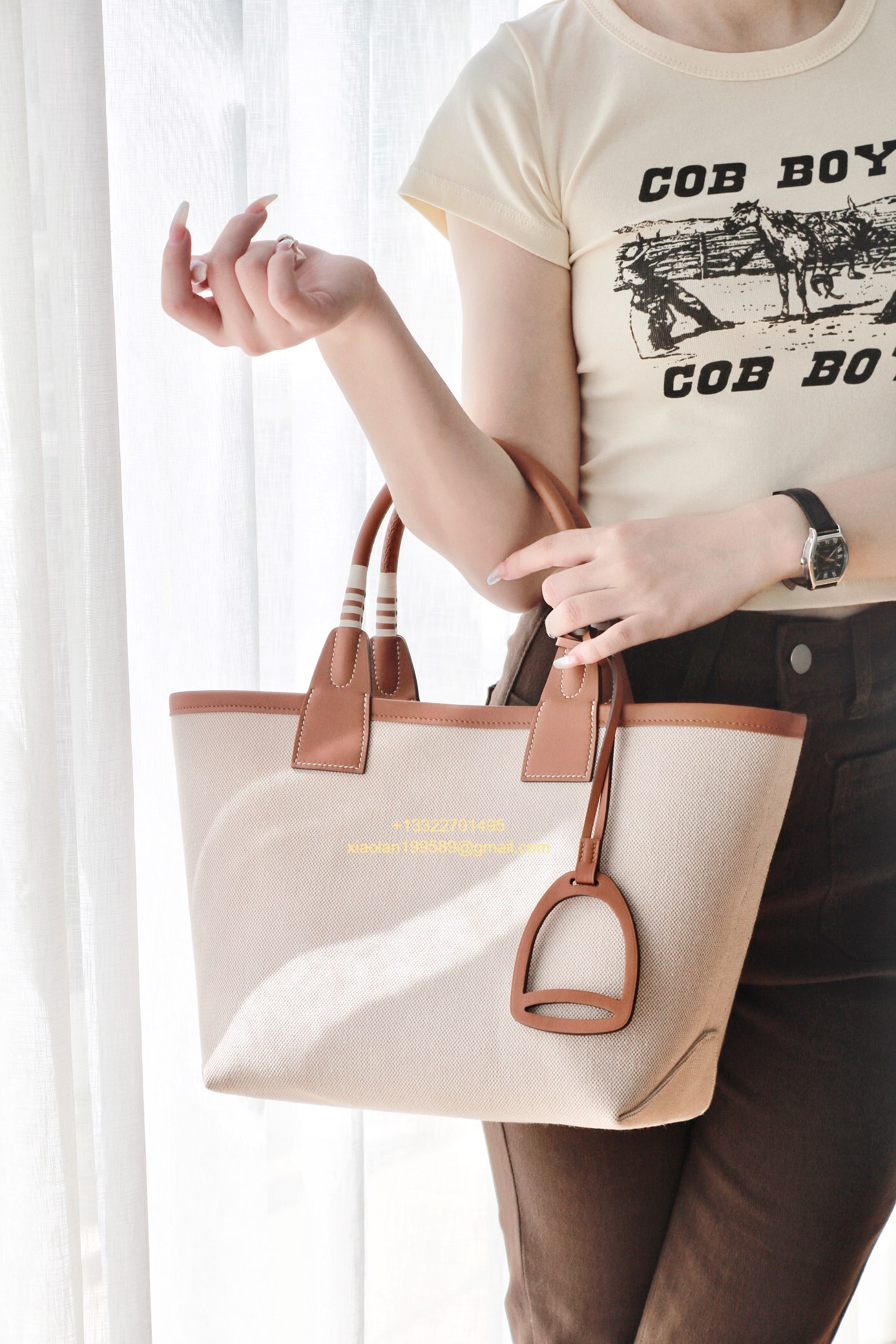 Hermès Steeple 25 Bag in H Canvas and Swift Calfskin – Cement Gray / CK37 Gold Brown.