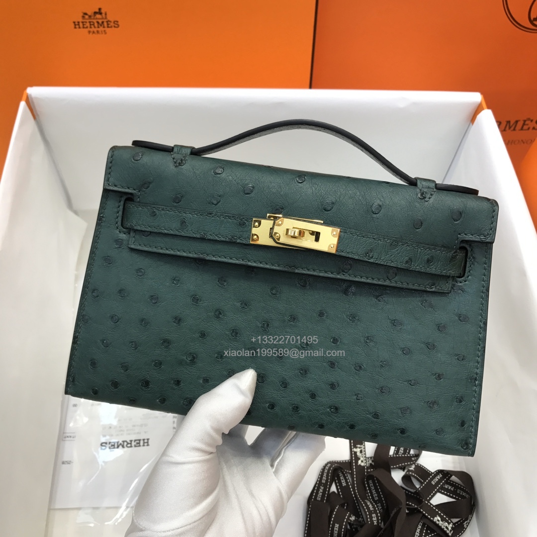 Hermès Kelly Pochette Clutch Bag, South African KK ostrich leather, fully handmade haute couture – Dark Green