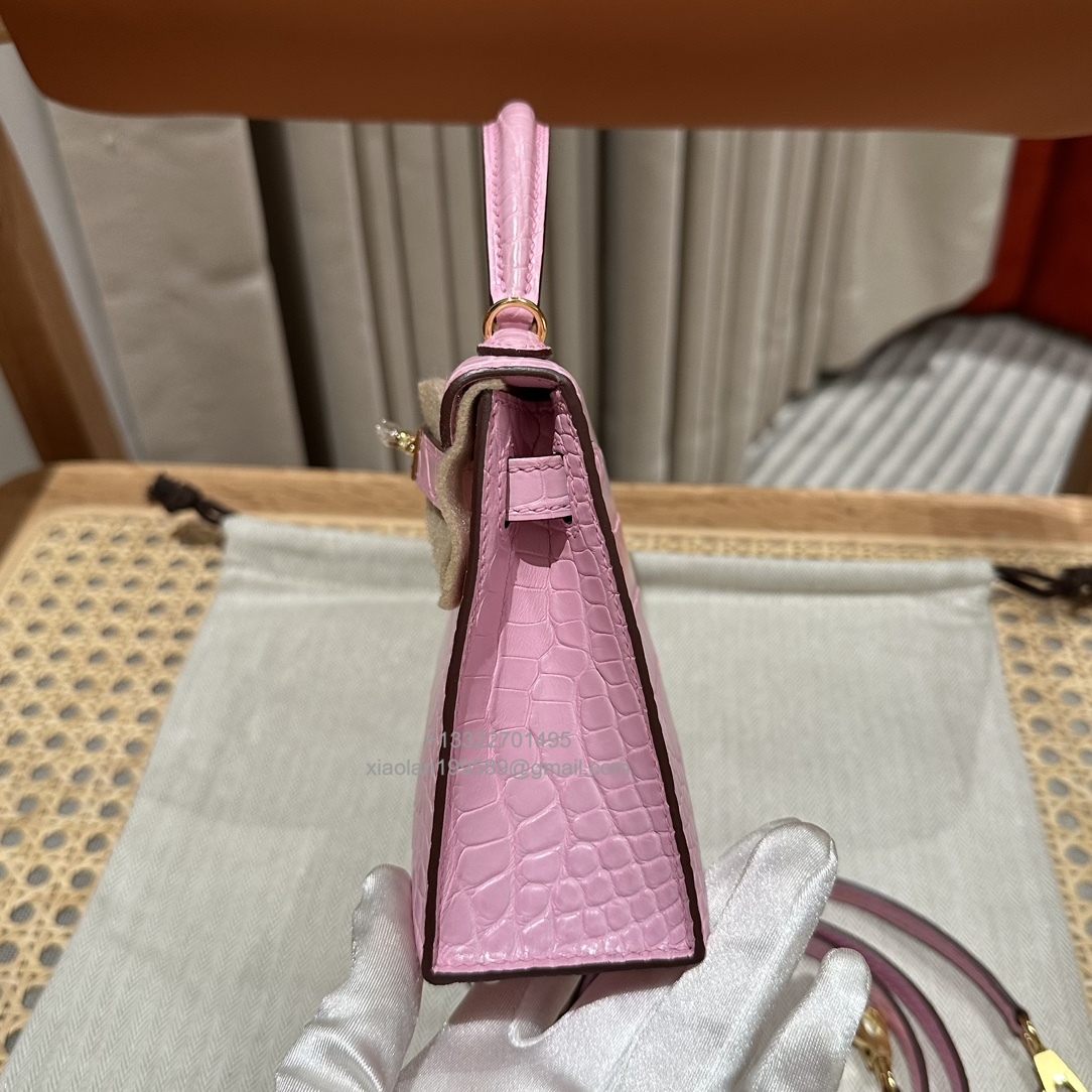 Hermès Mini Kelly in Crocodile Leather, Fully Handmade Premium Private Customization –Sakura Pink
