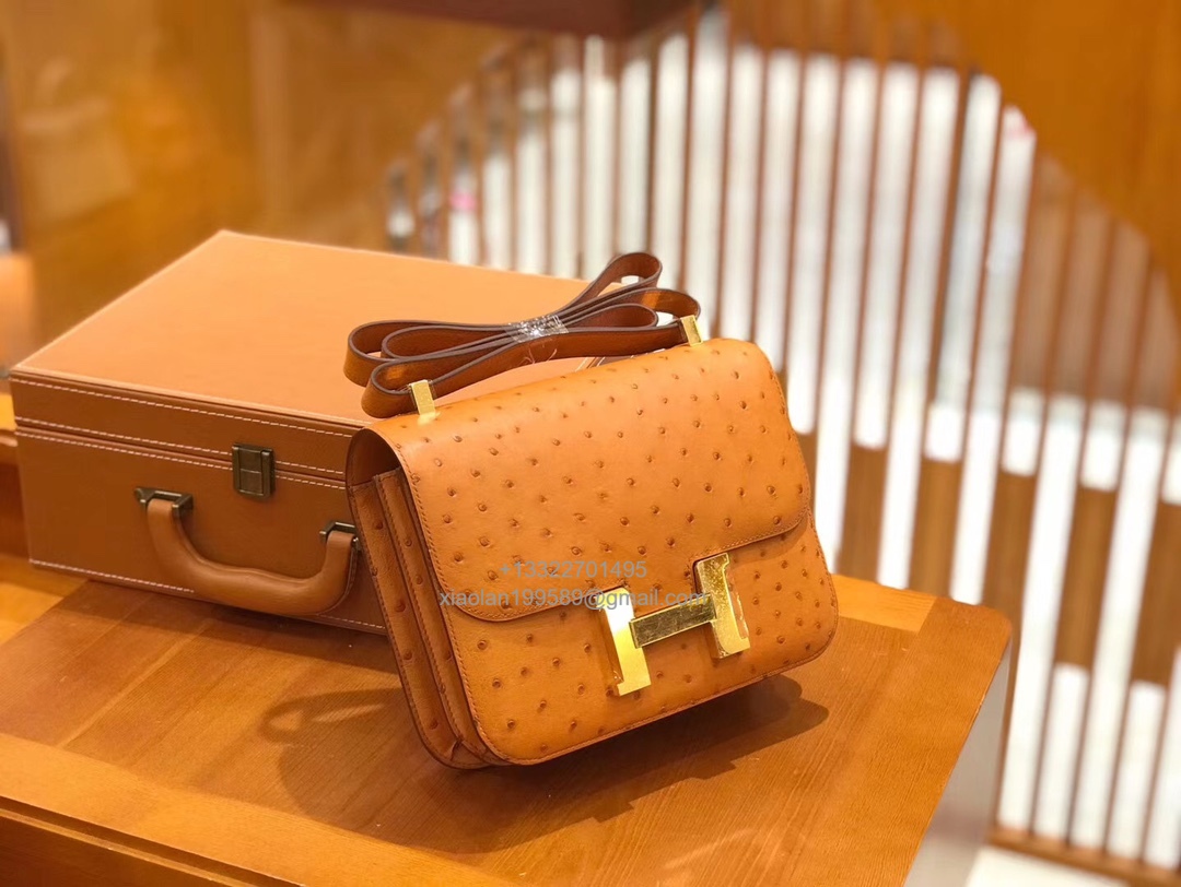 Hermès Constance 18/24 in Ostrich Leather, Premium Fully Handmade Exclusive Customization –Gold Brown