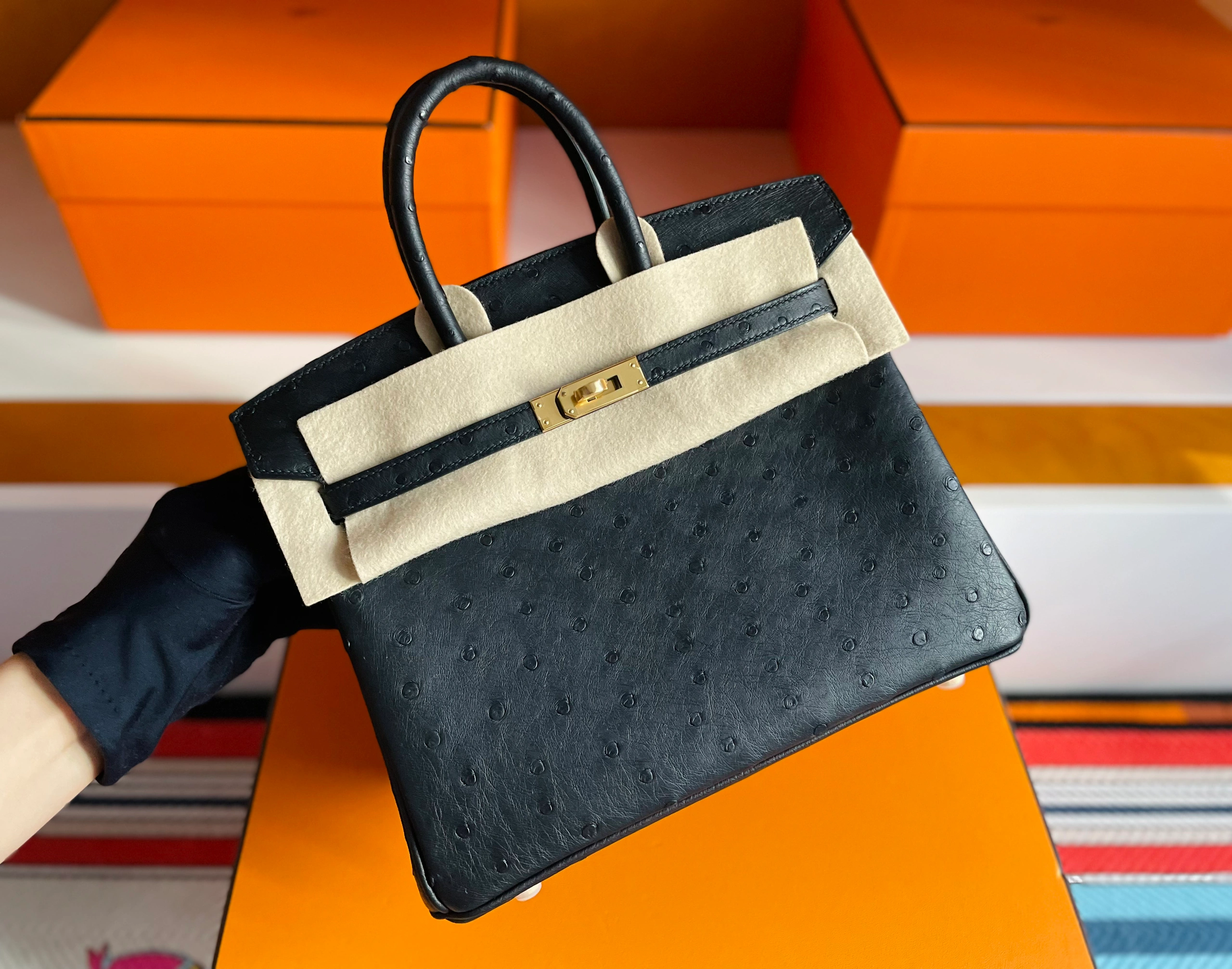 Birkin 25/30/35cm South African KK Ostrich Leather, Premium Fully Handcrafted Exclusive Custom –black