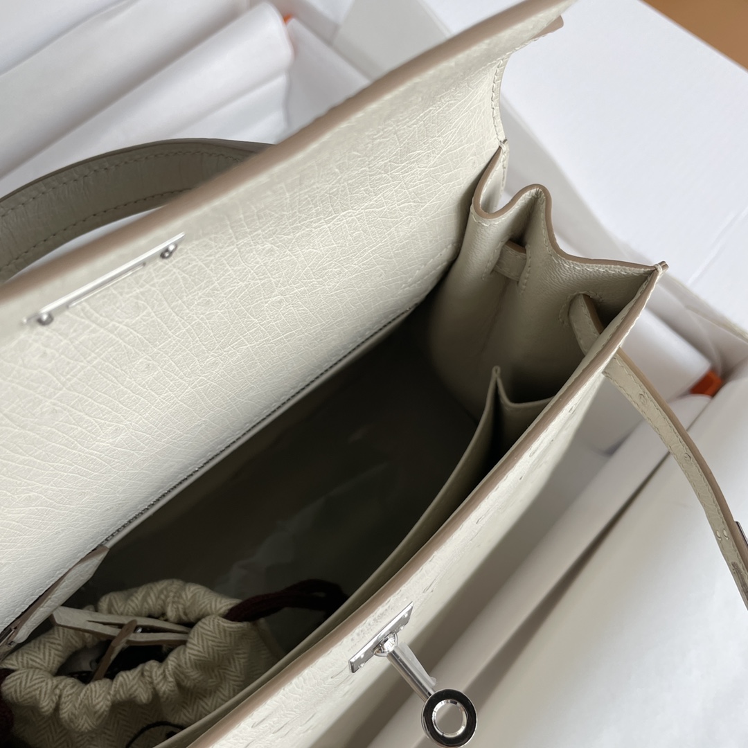 Kelly 25/28/32cm South African KK Ostrich Leather, Premium Fully Handcrafted Exclusive Custom –pearl-gray