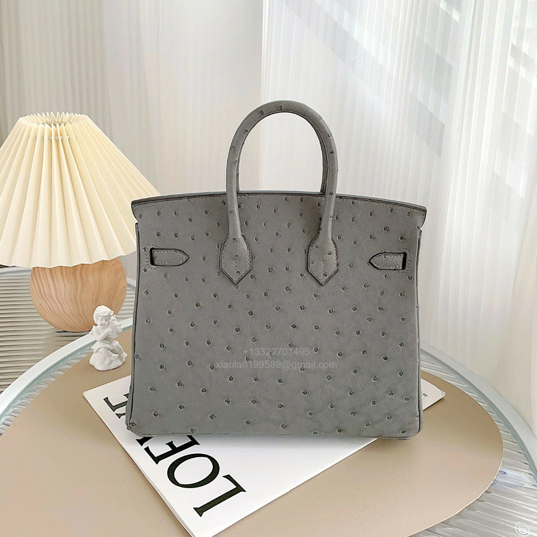 Birkin 25/30/35cm South African KK Ostrich Leather, Premium Fully Handcrafted Exclusive Custom –Nata Grey