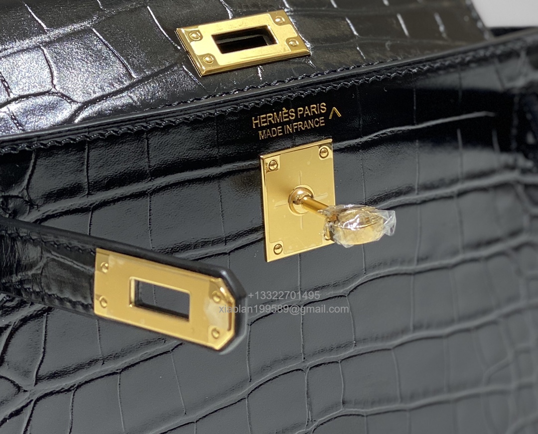Hermès Mini Kelly in Crocodile Leather, Fully Handmade Premium Private Customization –Black