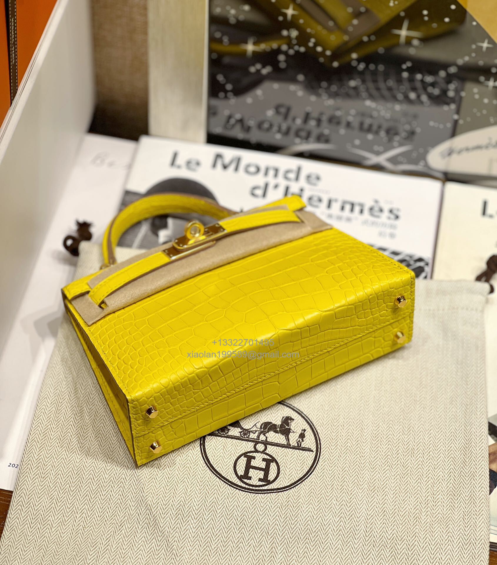 Hermès Mini Kelly in Crocodile Leather, Fully Handmade Premium Private Customization –Marigold Yellow