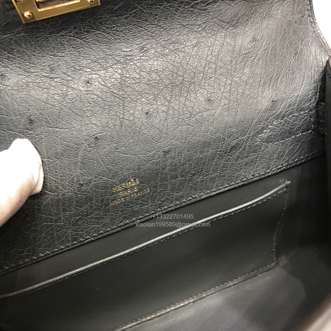Hermès Kelly Pochette Clutch Bag, South African KK ostrich leather, fully handmade haute couture – Black