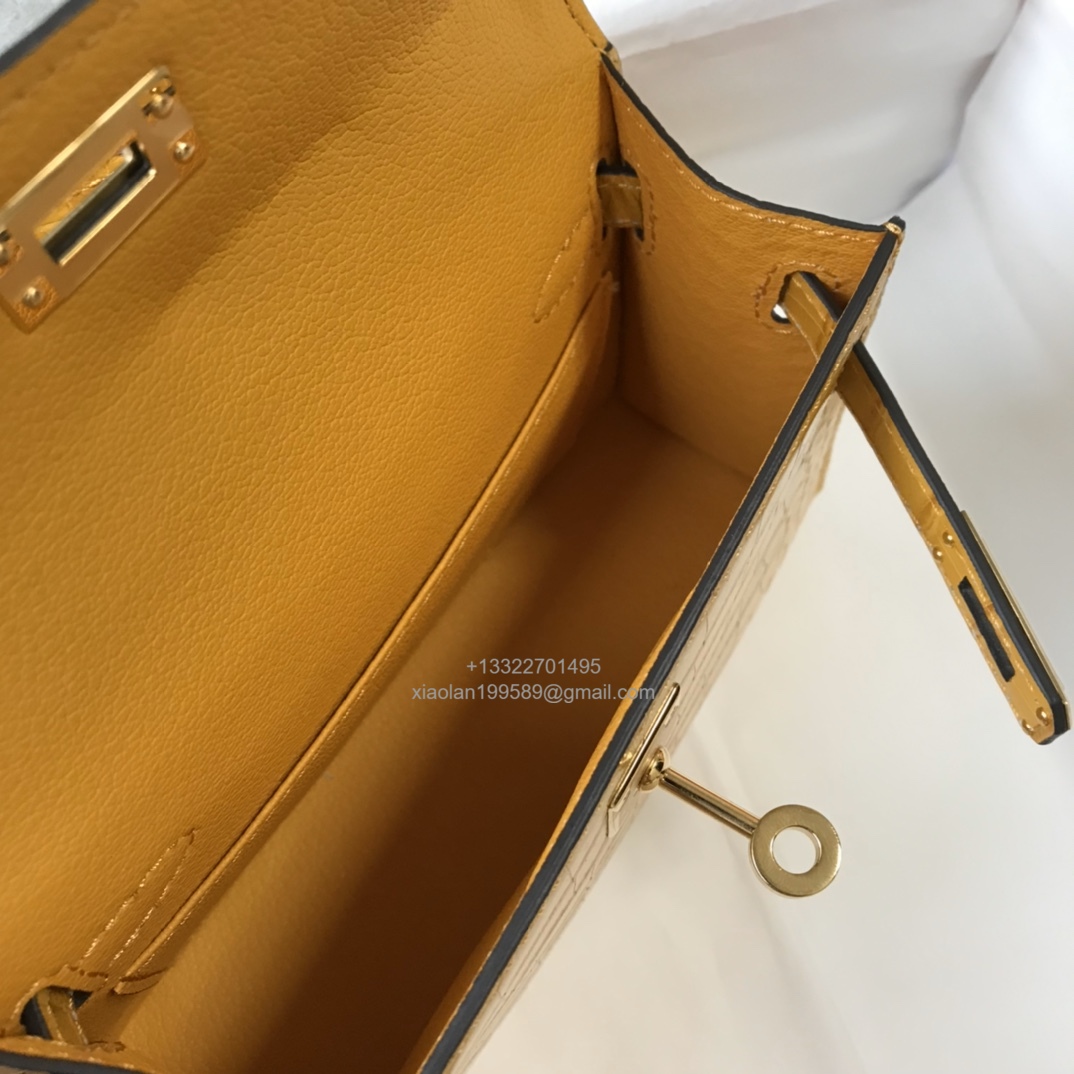 Hermès Mini Kelly in Crocodile Leather, Fully Handmade Premium Private Customization –Amber Yellow