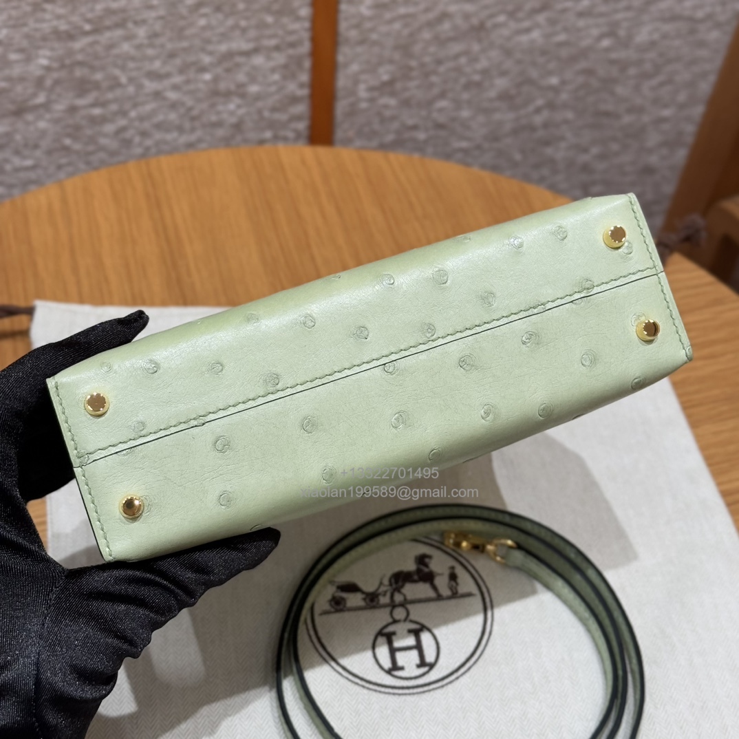 Hermès Mini Kelly Sellier II 20 in Ostrich Leather 3i/Vert Criquet