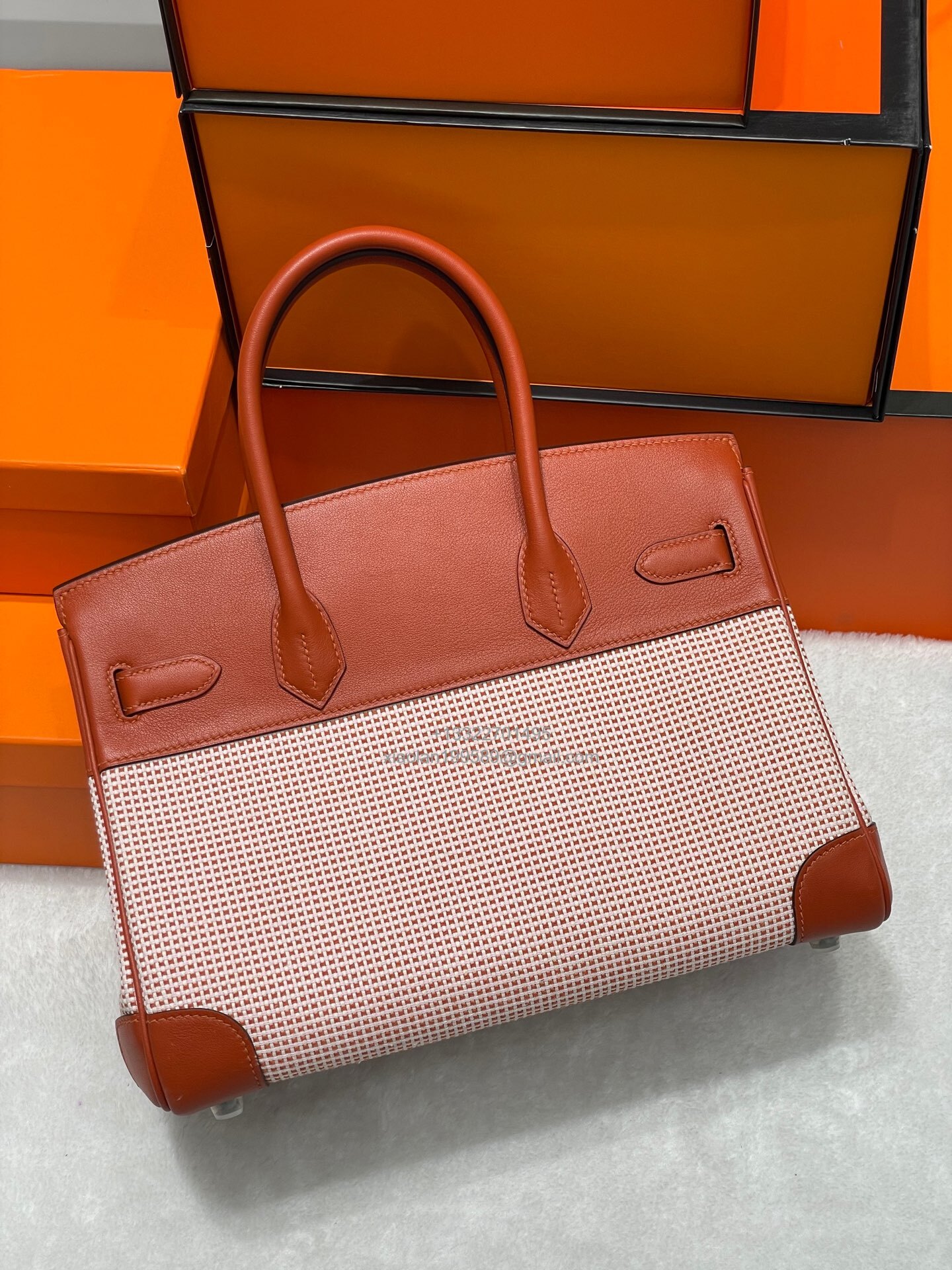 Hermès Birkin 25/30/35cm in Original Imported Swift Leather with Waffle Canvas Patchwork Pumpkin Orange – Limited Edition, Boutique Synchronized Version, Fully Hand-stitched with Waxed Thread, Solid Steel Hardware.