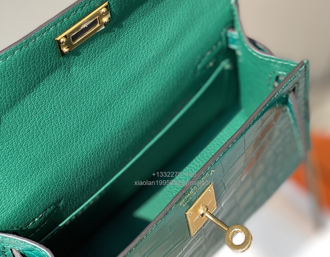 Hermès Mini Kelly in Crocodile Leather, Fully Handmade Premium Private Customization –Emerald Green