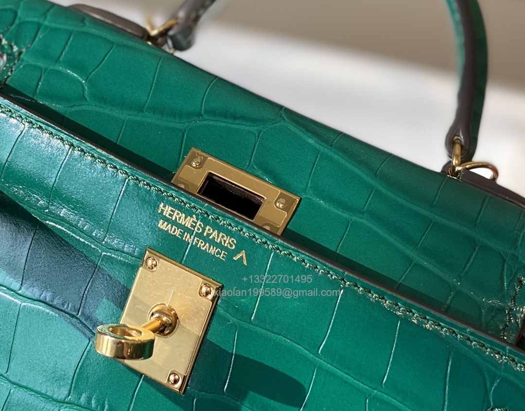 Hermès Mini Kelly in Crocodile Leather, Fully Handmade Premium Private Customization –Emerald Green