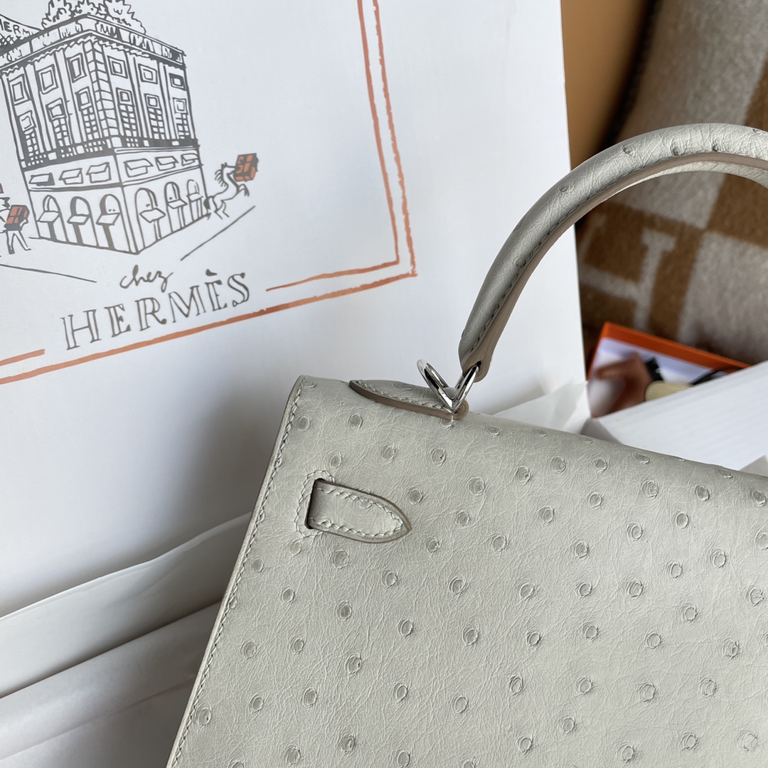 Kelly 25/28/32cm South African KK Ostrich Leather, Premium Fully Handcrafted Exclusive Custom –pearl-gray