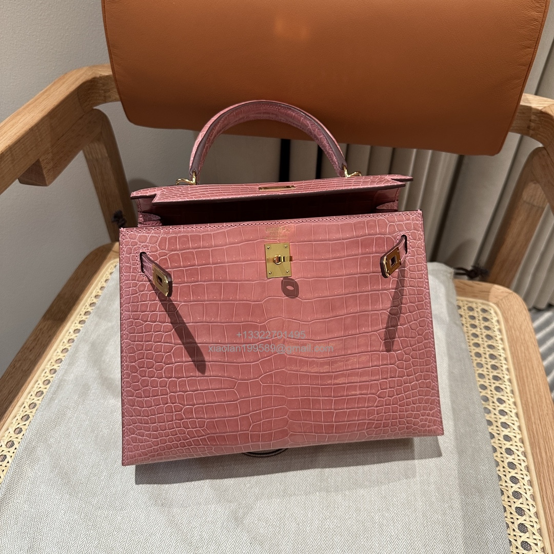 Hermès Kelly 25/28/32cm in Crocodile Leather, Fully Handmade Premium Private Customization-Milkshake Pink