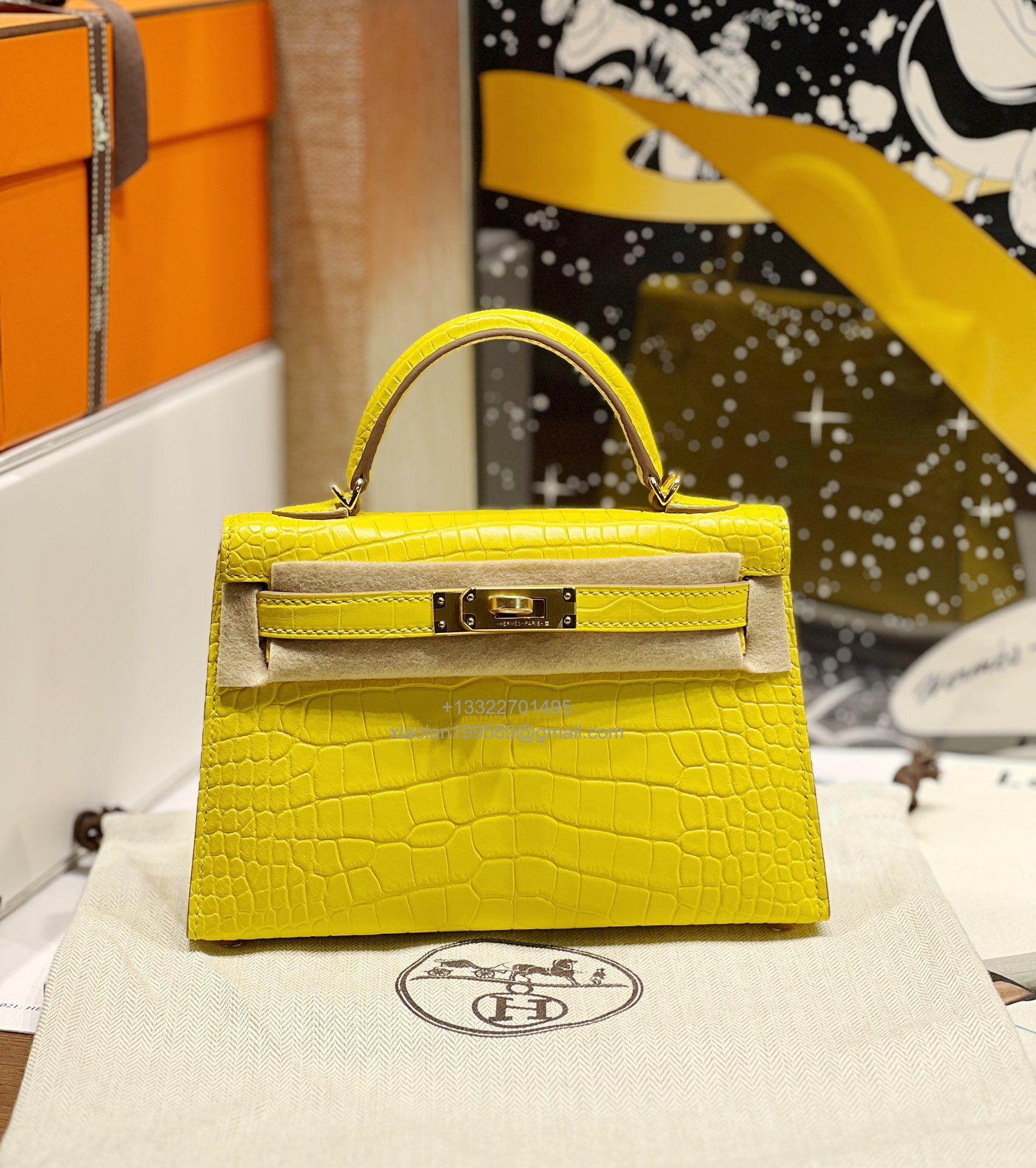 Hermès Mini Kelly in Crocodile Leather, Fully Handmade Premium Private Customization –Marigold Yellow