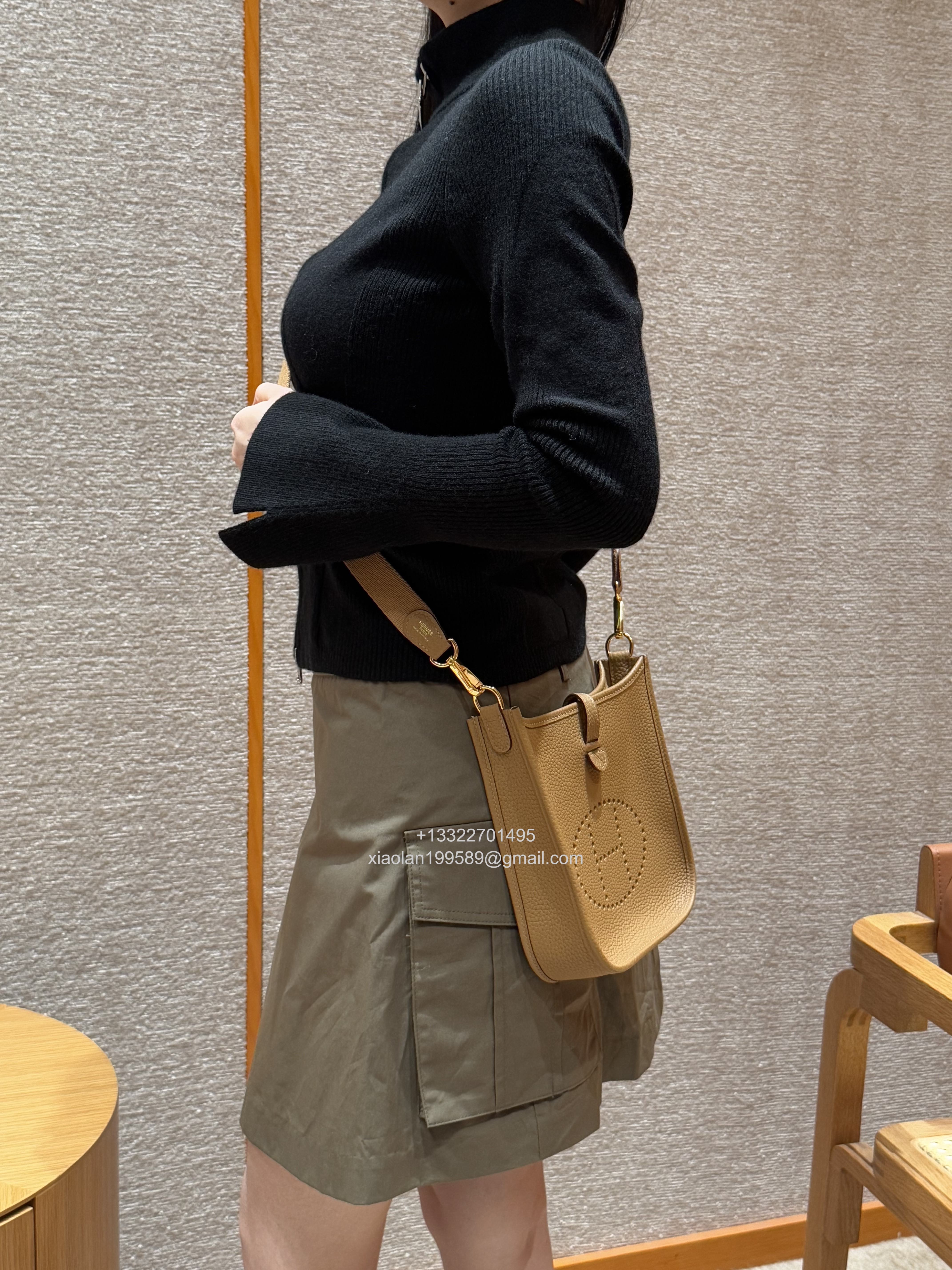 Hermès Evelyne mini Bag in Clemence Leather, Premium Handcrafted Customization-Gold Brown