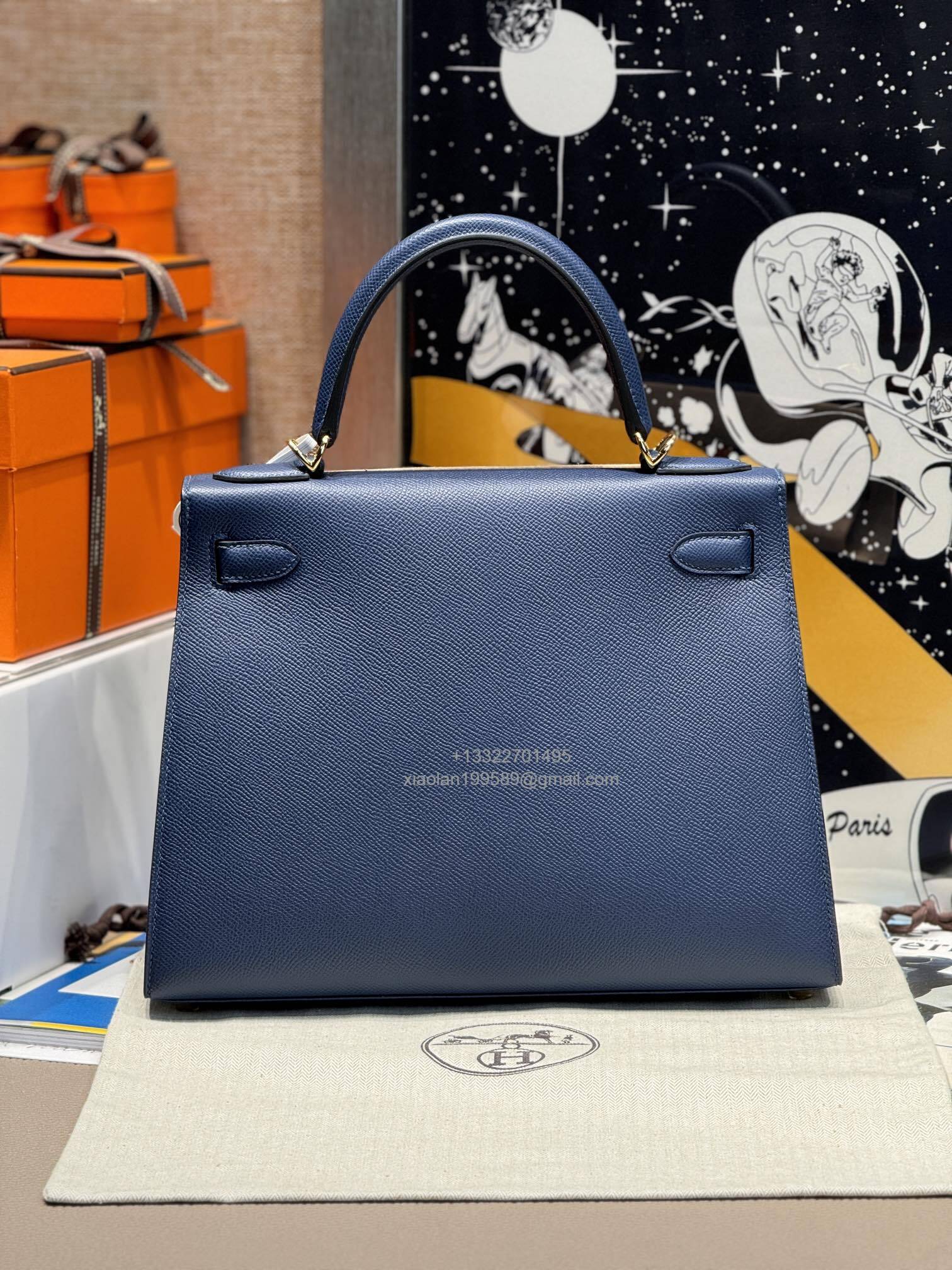 Hermès Kelly Handbag in Deep Blue Epsom Cowhide Leather, Purely Handcrafted, High-End Customization Edition