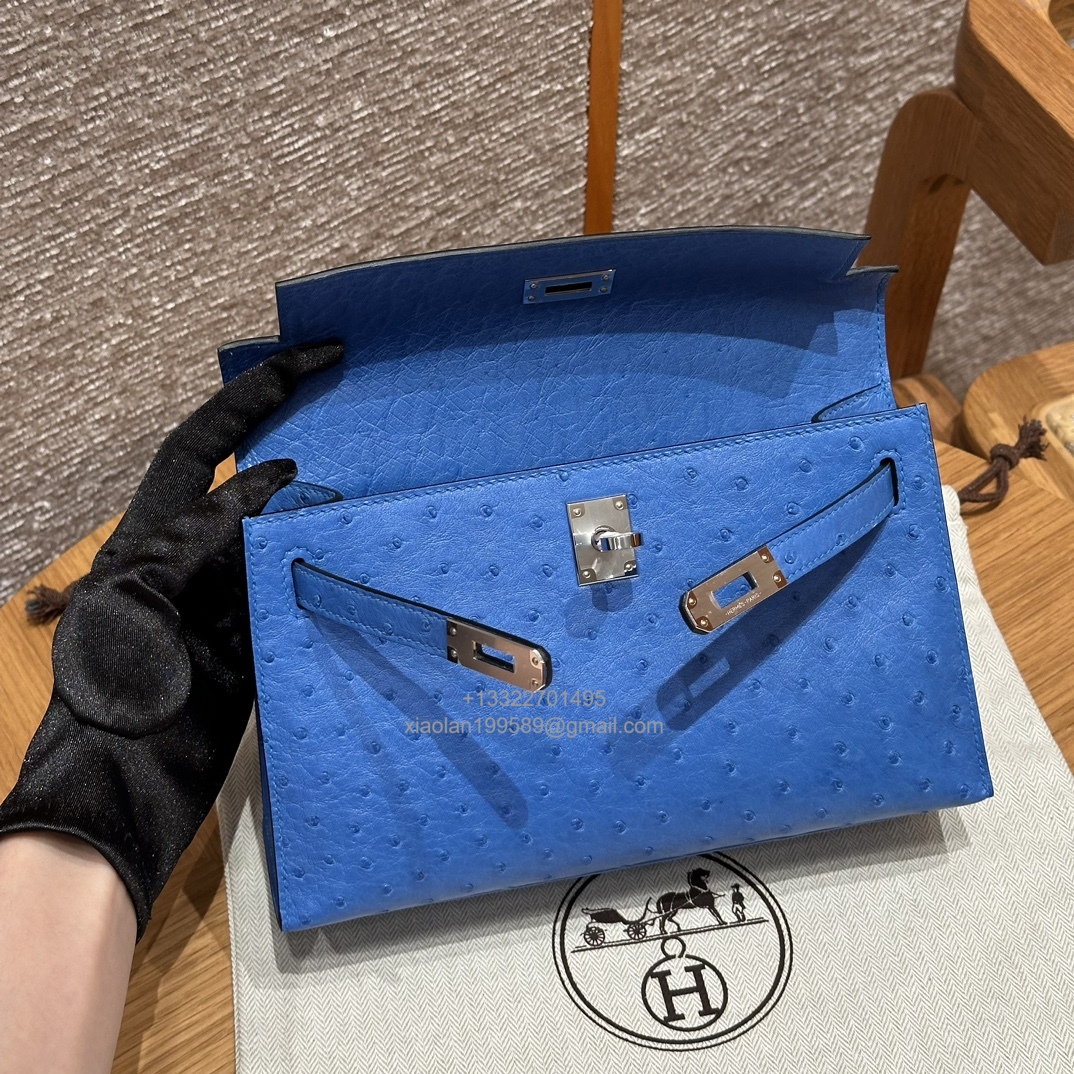 Hermès Kelly Pochette Clutch Bag, South African KK ostrich leather, fully handmade haute couture – O7/Bleuet