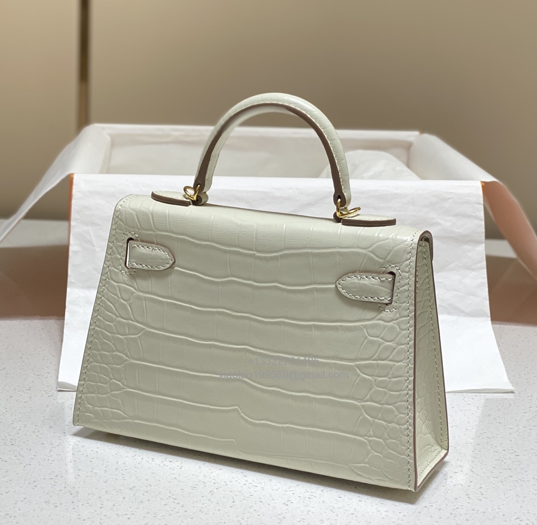Hermès Mini Kelly in Crocodile Leather, Fully Handmade Premium Private Customization –Milkshake White