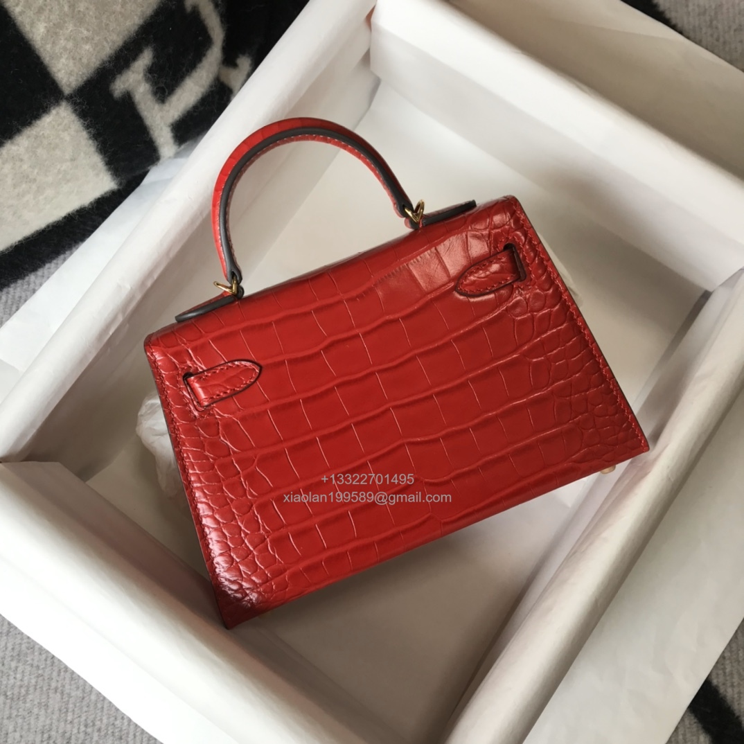 Hermès Mini Kelly in Crocodile Leather, Fully Handmade Premium Private Customization – Flag Red
