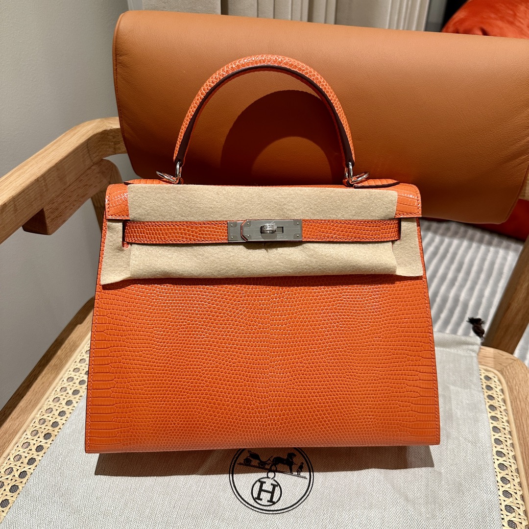 Hermès Kelly – Imported French lizard leather originally from South Africa, 18K gold-plated hardware, premium fully handcrafted exclusive custom-made! Orange