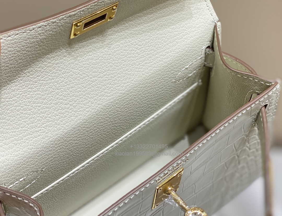 Hermès Mini Kelly in Crocodile Leather, Fully Handmade Premium Private Customization –Milkshake White
