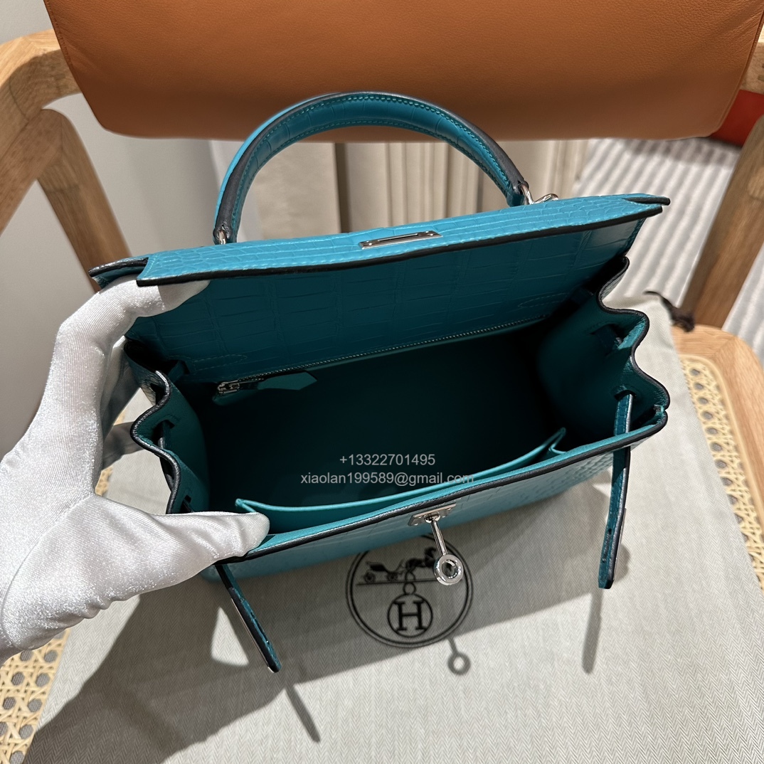 Hermès Kelly 25/28/32cm in Crocodile Leather, Fully Handmade Premium Private Customization-7F/Blue Paon