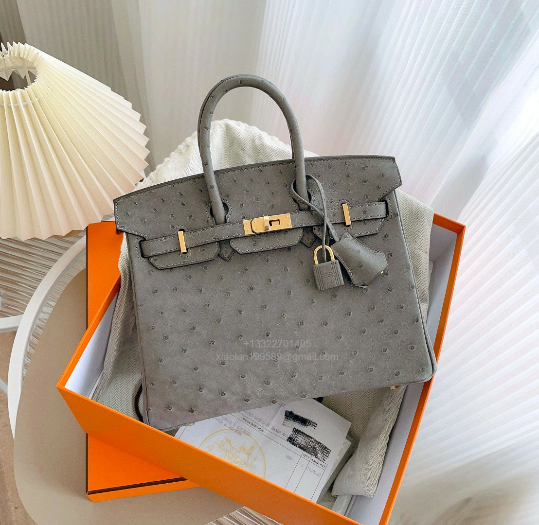 Birkin 25/30/35cm South African KK Ostrich Leather, Premium Fully Handcrafted Exclusive Custom –Nata Grey