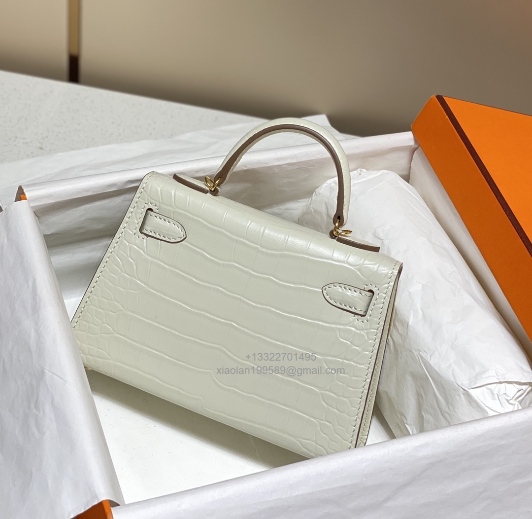 Hermès Mini Kelly in Crocodile Leather, Fully Handmade Premium Private Customization –Milkshake White