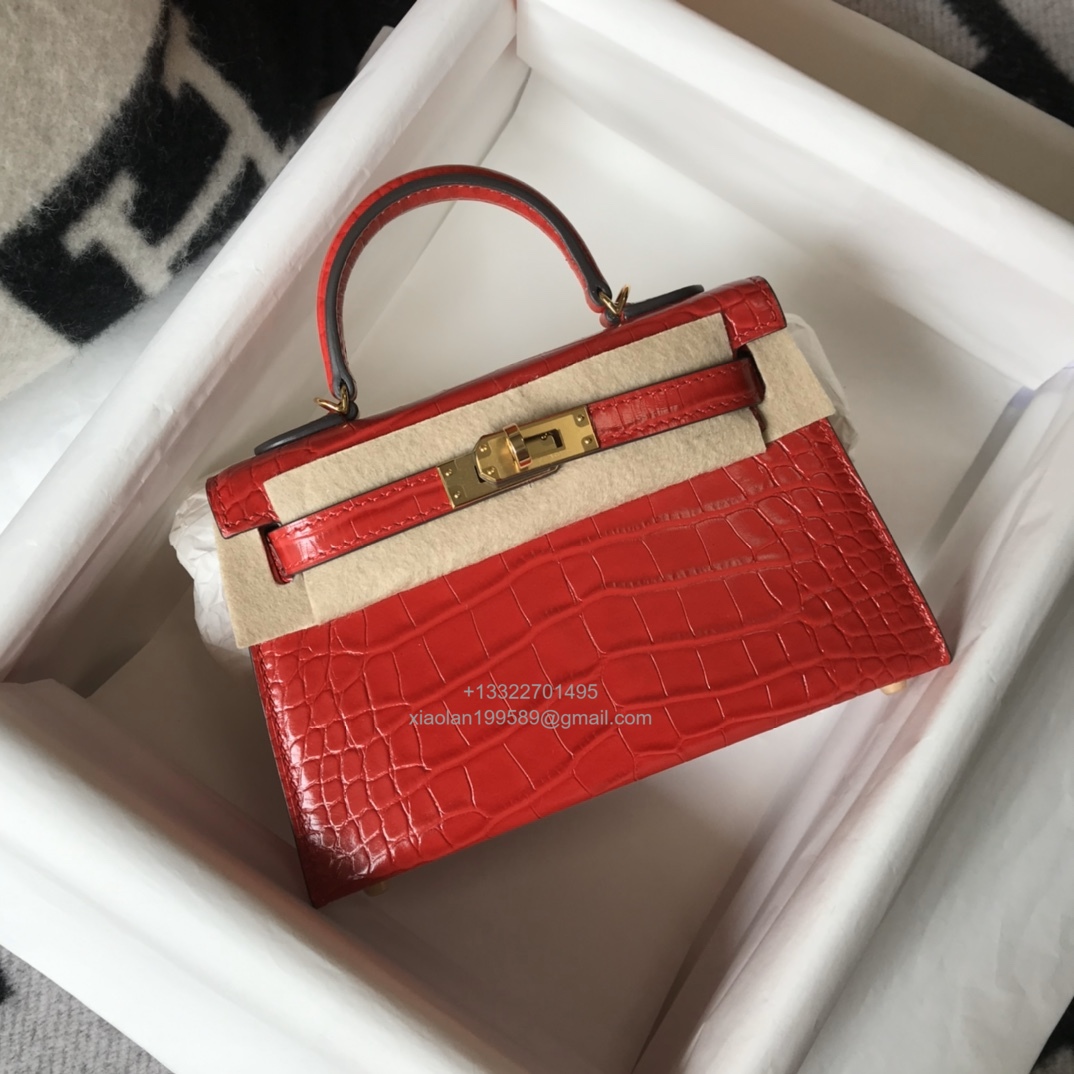 Hermès Mini Kelly in Crocodile Leather, Fully Handmade Premium Private Customization – Flag Red
