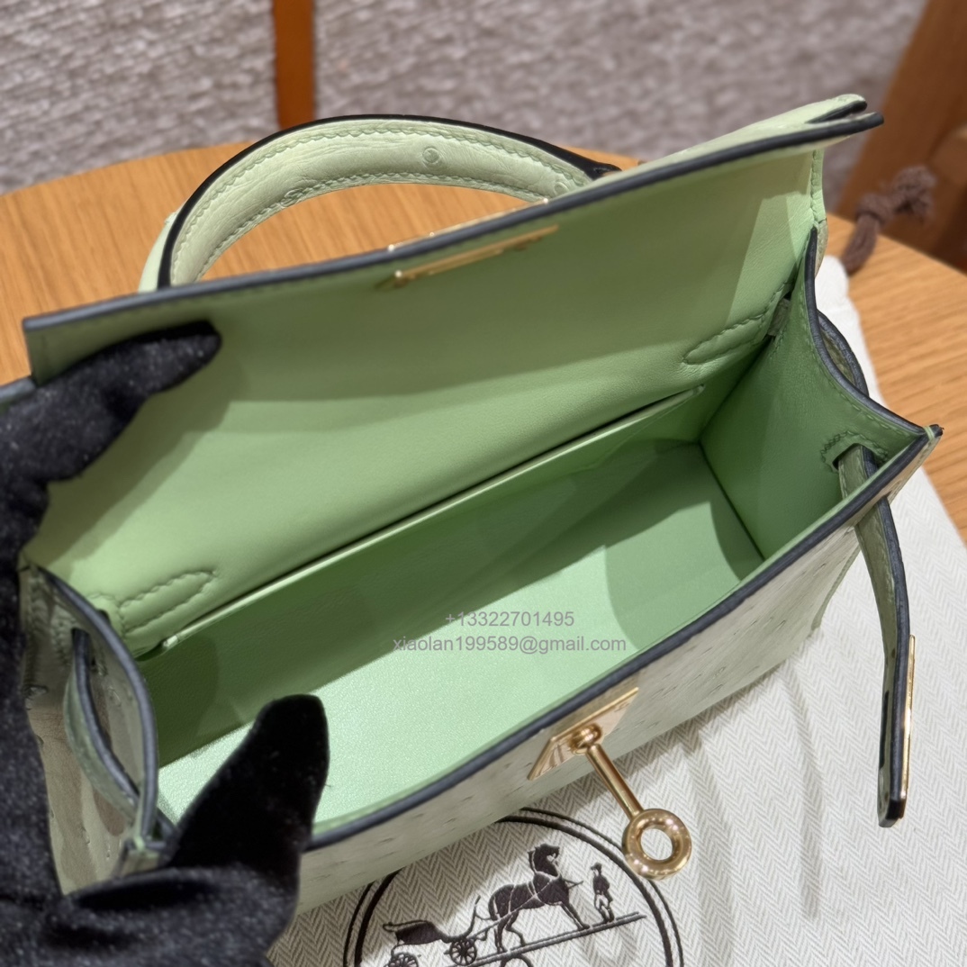 Hermès Mini Kelly Sellier II 20 in Ostrich Leather 3i/Vert Criquet