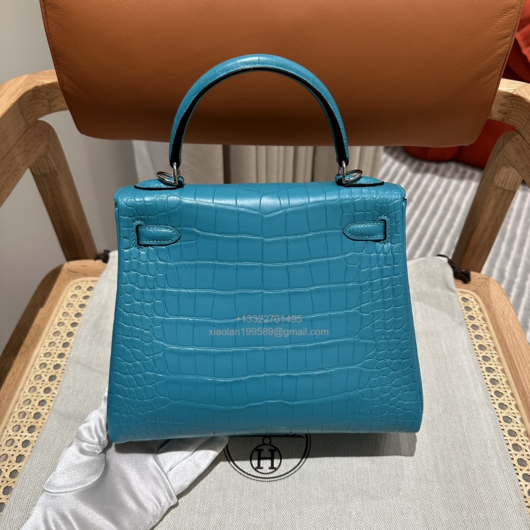Hermès Kelly 25/28/32cm in Crocodile Leather, Fully Handmade Premium Private Customization-7F/Blue Paon